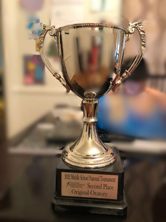 No. 2 Orator in the Nation (NSDA, 2022), No. 1 in both Original Oratory and Declamation in California (CHSSA, 2022), Original Oratory Champion and 2nd Place in Declamation at Stanford Invitational